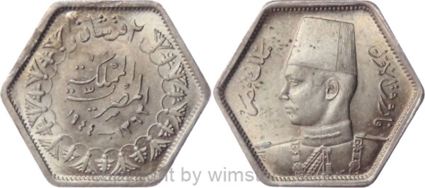 Ägypten, 2 Piastres 1944, KM 369, Silber, vz-st