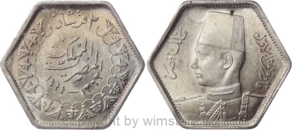 Ägypten, 2 Piastres 1944, KM 369, Silber, vz-st, beginnende Dunkelung, Fleck