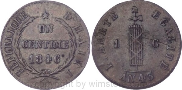 Haiti, 1 Centime 1846//AN43, KM 24, Kupfer, -ss