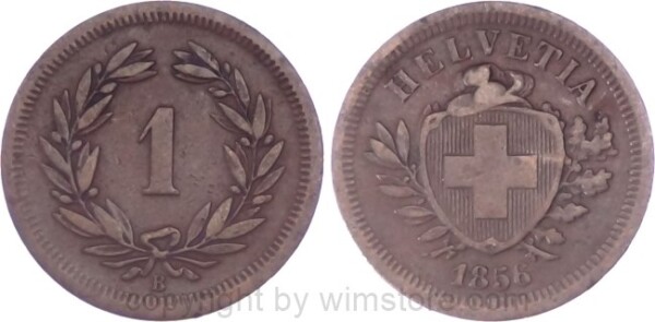 Schweiz, 1 Rappen 1856 B, KM 3.1, Bronze, ss