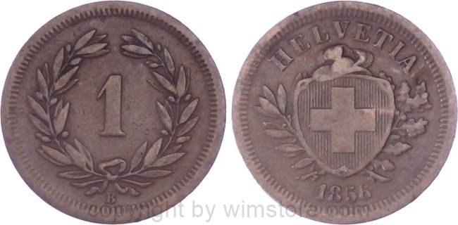 Schweiz, 1 Rappen 1856 B, KM 3.1, Bronze, ss