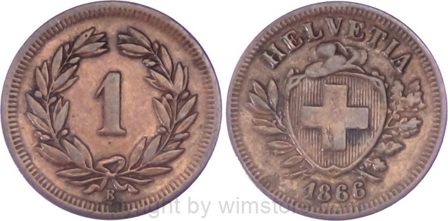 Schweiz, 1 Rappen 1866 B, KM 3.1, Bronze, ss