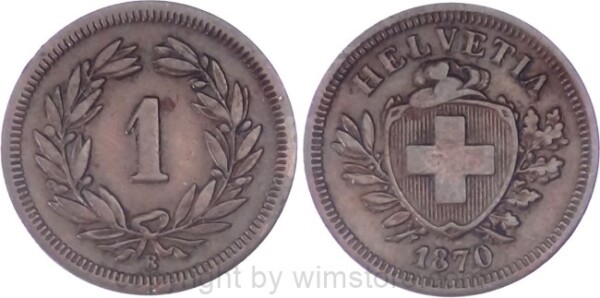 Schweiz, 1 Rappen 1870 B, KM 3.1, Bronze, ss