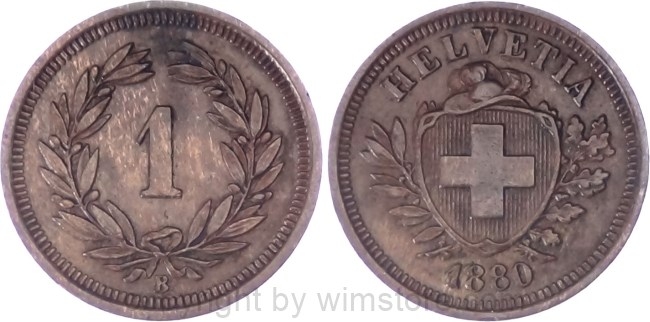 Schweiz, 1 Rappen 1880 B, KM 3.1, Bronze, ss