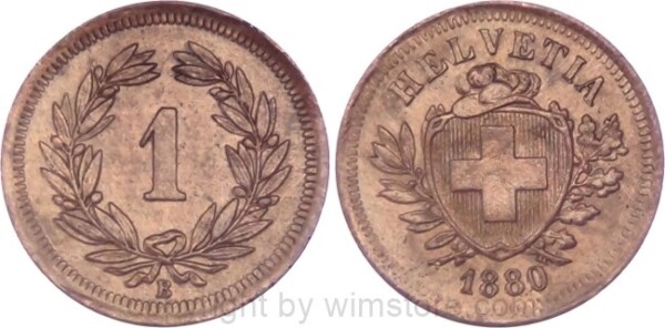 Schweiz, 1 Rappen 1880 B, KM 3.1, Bronze, ss, aufgehellt