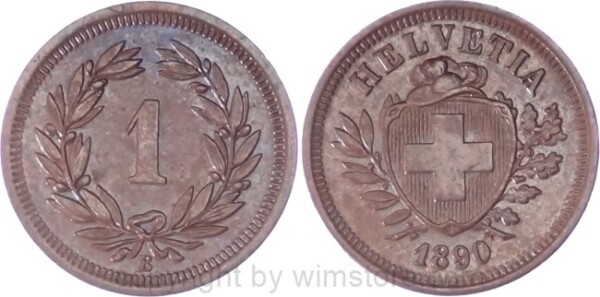 Schweiz, 1 Rappen 1890 B, KM 3.1, Bronze, ss-vz