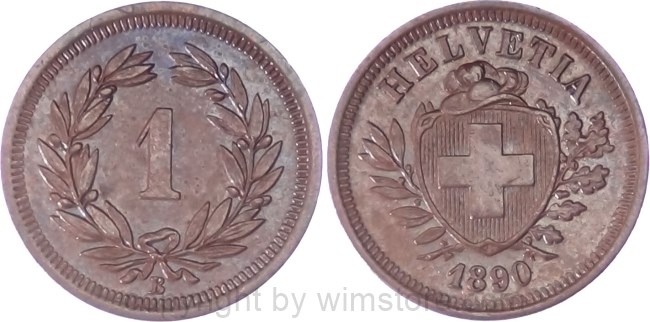 Schweiz, 1 Rappen 1890 B, KM 3.1, Bronze, ss-vz