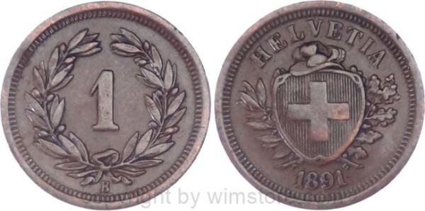 v34593 Schweiz, 1 Rappen 1891 B, KM 3.1, Bronze, ss
