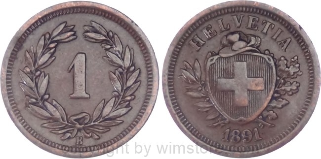 Schweiz, 1 Rappen 1891 B, KM 3.1, Bronze, ss