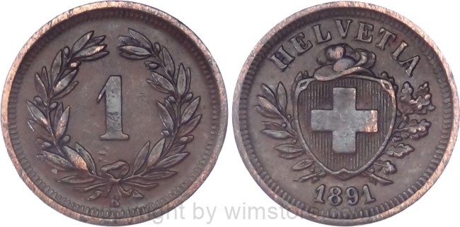 Schweiz, 1 Rappen 1891 B, KM 3.1, Bronze, ss