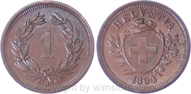 Schweiz, 1 Rappen 1894 B, KM 3.1, Bronze, ss