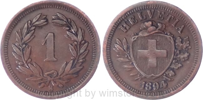 Schweiz, 1 Rappen 1894 B, KM 3.1, Bronze, ss
