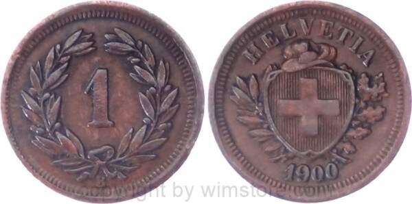 Schweiz, 1 Rappen 1900 B, KM 3.1, Bronze, ss