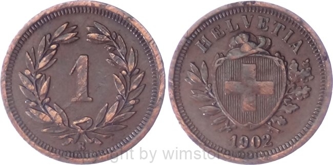 Schweiz, 1 Rappen 1902 B, KM 3.2, Bronze, ss