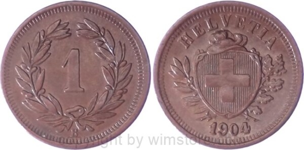 Schweiz, 1 Rappen 1904 B, KM 3.2, Bronze, ss
