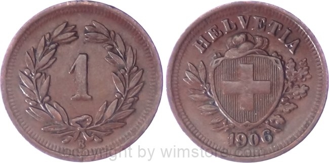 Schweiz, 1 Rappen 1906 B, KM 3.2, Bronze, ss