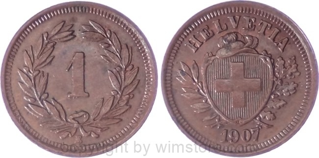 Schweiz, 1 Rappen 1907 B, KM 3.2, Bronze, ss-vz