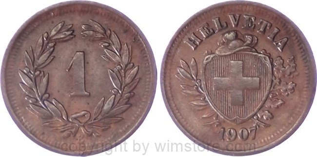 Schweiz, 1 Rappen 1907 B, KM 3.2, Bronze, ss