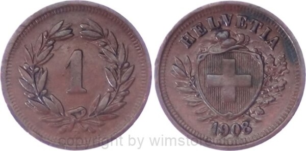 Schweiz, 1 Rappen 1908 B, KM 3.2, Bronze, ss