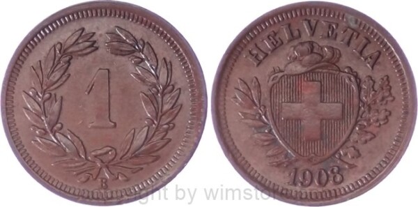 Schweiz, 1 Rappen 1908 B, KM 3.2, Bronze, ss