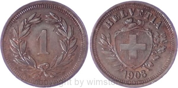 v34615 Schweiz, 1 Rappen 1908 B, KM 3.2, Bronze, ss