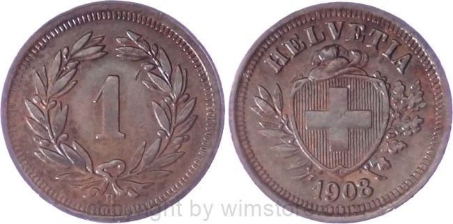 Schweiz, 1 Rappen 1908 B, KM 3.2, Bronze, ss