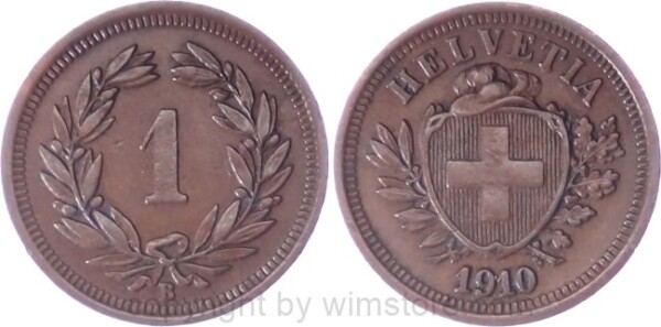 Schweiz, 1 Rappen 1910 B, KM 3.2, Bronze, ss