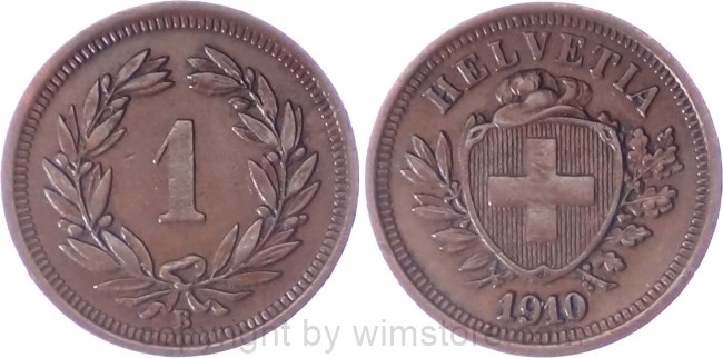 Schweiz, 1 Rappen 1910 B, KM 3.2, Bronze, ss