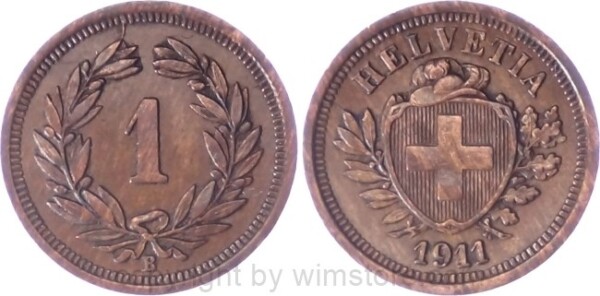 Schweiz, 1 Rappen 1911 B, KM 3.2, Bronze, ss