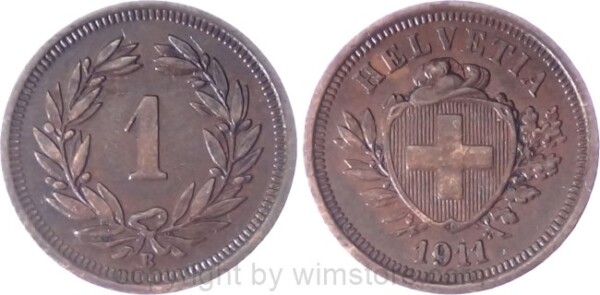 Schweiz, 1 Rappen 1911 B, KM 3.2, Bronze, ss