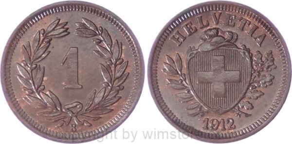 Schweiz, 1 Rappen 1912 B, KM 3.2, Bronze, vz
