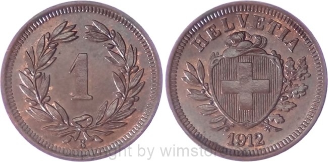 Schweiz, 1 Rappen 1912 B, KM 3.2, Bronze, vz