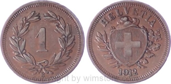 Schweiz, 1 Rappen 1912 B, KM 3.2, Bronze, ss