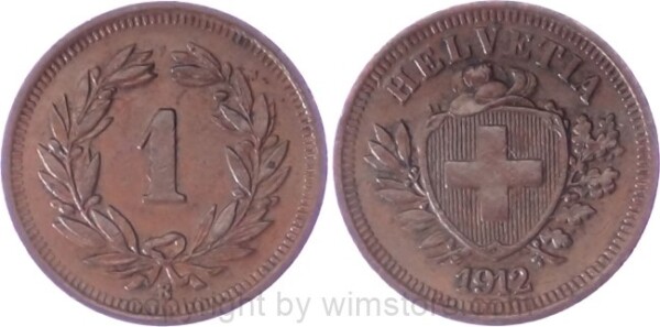 Schweiz, 1 Rappen 1912 B, KM 3.2, Bronze, ss