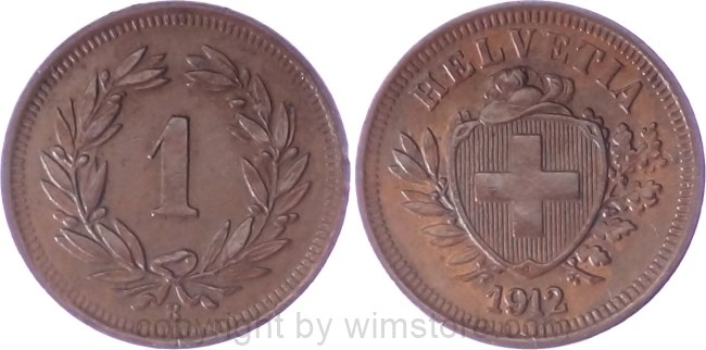 Schweiz, 1 Rappen 1912 B, KM 3.2, Bronze, ss