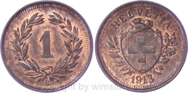 Schweiz, 1 Rappen 1913 B, KM 3.2, Bronze, vz
