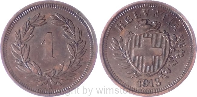 Schweiz, 1 Rappen 1913 B, KM 3.2, Bronze, ss