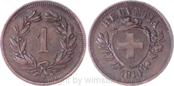 Schweiz, 1 Rappen 1914 B, KM 3.2, Bronze, ss