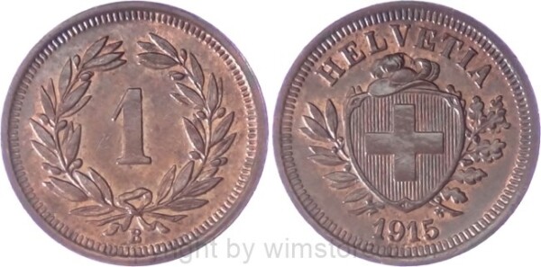 Schweiz, 1 Rappen 1915 B, KM 3.2, Bronze, vz