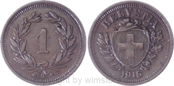 Schweiz, 1 Rappen 1915 B, KM 3.2, Bronze, ss