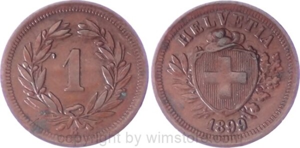 Schweiz, 1 Rappen 1899 B, KM 3.1, Bronze, ss, etw. korrodiert