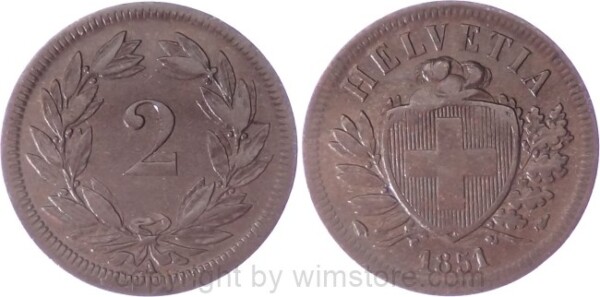 Schweiz, 2 Rappen 1851 A, KM 4.1, Bronze, ss