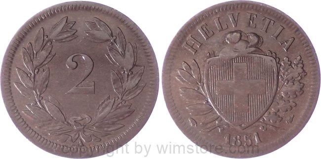 Schweiz, 2 Rappen 1851 A, KM 4.1, Bronze, ss