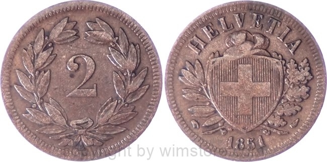 Schweiz, 2 Rappen 1851 A, KM 4.1, Bronze, ss