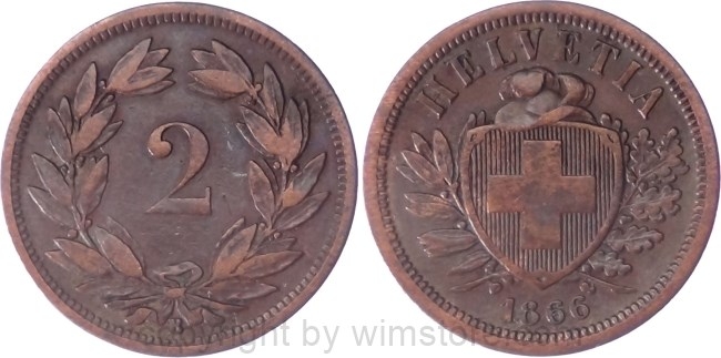 Schweiz, 2 Rappen 1866 B, KM 4.1, Bronze, ss