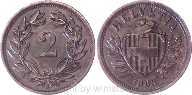 Schweiz, 2 Rappen 1883 B, KM 4.1, Bronze, ss