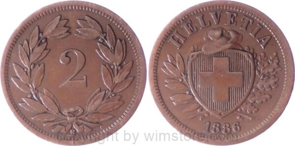 Schweiz, 2 Rappen 1886 B, KM 4.1, Bronze, ss