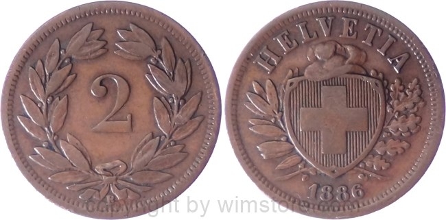 Schweiz, 2 Rappen 1886 B, KM 4.1, Bronze, ss