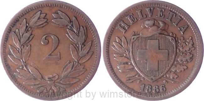 Schweiz, 2 Rappen 1886 B, KM 4.1, Bronze, ss