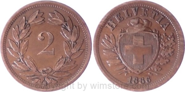 Schweiz, 2 Rappen 1886 B, KM 4.1, Bronze, ss